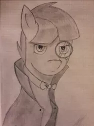 Size: 557x741 | Tagged: artist:lxden, bowtie, cloak, clothes, daughter, derpibooru import, gentlepony, graph paper, implied pegasus, monochrome, monocle, oc, oc:tau, russia, safe, solo, traditional art, unofficial characters only