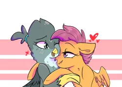 Size: 1024x734 | Tagged: safe, artist:shiny-cooler, derpibooru import, gabby, scootaloo, gryphon, female, gabbyloo, heart, hug, interspecies, lesbian, older, older scootaloo, shipping