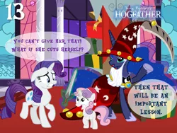 Size: 1024x768 | Tagged: safe, artist:bronybyexception, derpibooru import, princess luna, rarity, sweetie belle, pony, advent calendar, beard, christmas, discworld, facial hair, grim reaper, hearth's warming eve, hogfather, present, scythe, star swirl the bearded costume, sword, terry pratchett, the hogfather, this will end in tears and/or death, vector, weapon