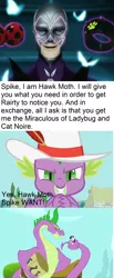 Size: 1545x3736 | Tagged: akumatized, comic, crossover, derpibooru import, dialogue, edit, edited screencap, hawk moth, miraculous ladybug, rarity, safe, screencap, screencap comic, secret of my excess, spike, spikezilla, tail hold