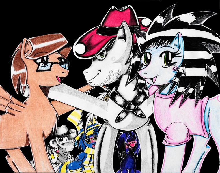 Size: 3227x2540 | Tagged: safe, artist:haruka takahashi, derpibooru import, oc, oc:disco waffle, oc:haruka takahashi, oc:masked pony, oc:scarlet moon, oc:twilie atkins, unofficial characters only, earth pony, ghost, pegasus, pony, unicorn, bad anatomy, blushing, clothes, cowboy hat, glasses, hat, monochrome, radio graffiti, red eyes, scarf, the man they call ghost, traditional art, true capitalist radio