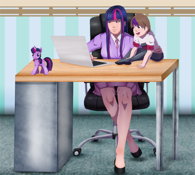 Size: 2206x1978 | Tagged: artist:jeyrablue, chair, clothes, commission, computer, crossover, derpibooru import, desk, doll, high heels, human, humanized, laptop computer, mother and son, oc, oc:ben parker sparkle, offspring, parent:peter parker, parents:spidertwi, parent:twilight sparkle, safe, shoes, skirt, spiders and magic: rise of spider-mane, swivel chair, toy, twilight sparkle