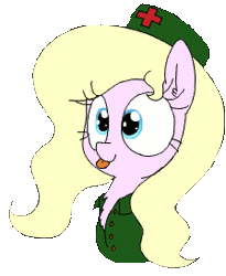 Size: 224x273 | Tagged: safe, artist:wafflecakes, derpibooru import, oc, oc:nurse bonesaw, unofficial characters only, :p, animated, bust, chest fluff, clothes, fluffle puffing, gif, hat, mlem, raspberry, simple background, smiling, solo, tongue out, transparent background
