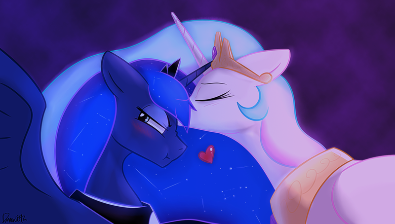 Size: 1280x726 | Tagged: artist:dmann892, blushing, cute, derpibooru import, female, heart, incest, kissing, lesbian, lidded eyes, lunabetes, princess celestia, princess luna, princest, safe, shipping