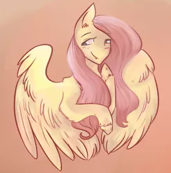 Size: 1280x1293 | Tagged: artist:aude-okami, blushing, derpibooru import, fluttershy, hoof on chin, looking away, safe, simple background, smiling, solo, spread wings, unshorn fetlocks