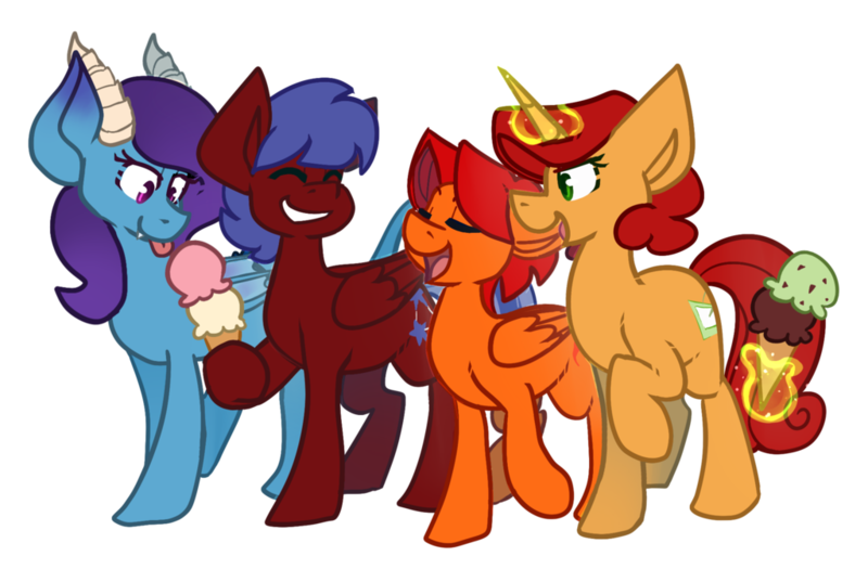 Size: 1024x687 | Tagged: safe, artist:crownedspade, derpibooru import, oc, oc:goldenfox, oc:keyframe, oc:solar flare, unofficial characters only, dracony, hybrid, pegasus, pony, unicorn, female, food, goldenkey, ice cream, magic, mare