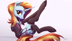 Size: 3000x1693 | Tagged: suggestive, artist:raps, derpibooru import, sassy saddles, pony, unicorn, adorasexy, bedroom eyes, clothed ponies, clothes, corset, cute, eyeshadow, female, fluffy, garter belt, garters, grin, high res, leg in air, lingerie, lip bite, looking at you, makeup, on back, panties, seductive look, seductive pose, sexy, simple background, smiling, solo, solo female, stockings, stupid sexy sassy, underwear, wallpaper, white background