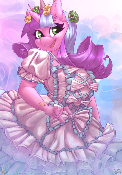 Size: 840x1200 | Tagged: safe, artist:atryl, derpibooru import, oc, oc:ivy lush, unofficial characters only, anthro, unicorn, anthro oc, big breasts, breasts, clothes, cute, dress, female, mare, patreon, patreon logo, smiling, solo