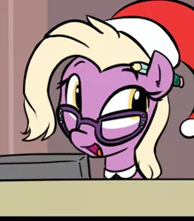 Size: 287x327 | Tagged: safe, artist:shoutingisfun, derpibooru import, edit, editor:wenni, grace manewitz, pony, christmas, colored, computer, cropped, cute, desk, female, glasses, hat, mare, open mouth, pencil, santa hat, smiling, solo