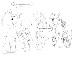 Size: 1280x989 | Tagged: safe, artist:silfoe, derpibooru import, night light, princess flurry heart, twilight velvet, oc, oc:eventide glisten, oc:pterus, oc:twilight dapple, alicorn, bat pony, pony, other royal book, adopted offspring, alicorn oc, black and white, dialogue, family, grandparent and grandchild moment, grandparents, grayscale, magical lesbian spawn, monochrome, next generation, night guard, offspring, parent:princess cadance, parent:princess luna, parent:shining armor, parent:twilight sparkle, parents:shiningcadance, parents:twiluna, royal guard, simple background, sketch, speech bubble, white background