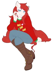 Size: 1280x1741 | Tagged: safe, artist:mylittlesheepy, derpibooru import, oc, oc:air raid, unofficial characters only, anthro, plantigrade anthro, anthro oc, bedroom eyes, boots, christmas sweater, clothes, crossed legs, femboy, high heels, jeans, long hair, looking at you, male, pants, simple background, solo, sweater, transparent background, trap