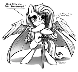 Size: 2000x1867 | Tagged: safe, artist:fidzfox, derpibooru import, fluttershy, pony, badass, badass adorable, bipedal, cape, clothes, crossover, cute, frostmourne, frown, grayscale, hoof hold, if you don't mind, looking at you, monochrome, runes, solo, spread wings, sword, warcraft, weapon