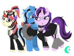 Size: 1024x768 | Tagged: safe, artist:beanbases, artist:drunkhorse-inn, derpibooru import, moondancer, starlight glimmer, trixie, pony, unicorn, alternate hairstyle, base used, belt, chains, choker, clothes, counterparts, dress, ear piercing, earring, eyebrow piercing, eyeliner, female, fishnets, glasses, goth, hair dye, jewelry, lesbian, lip piercing, looking at each other, looking at you, makeup, mare, messy hair, messy mane, nose piercing, nose ring, piercing, plaid, shipping, simple background, skirt, smiling, spiked choker, startrix, transparent background, twilight's counterparts
