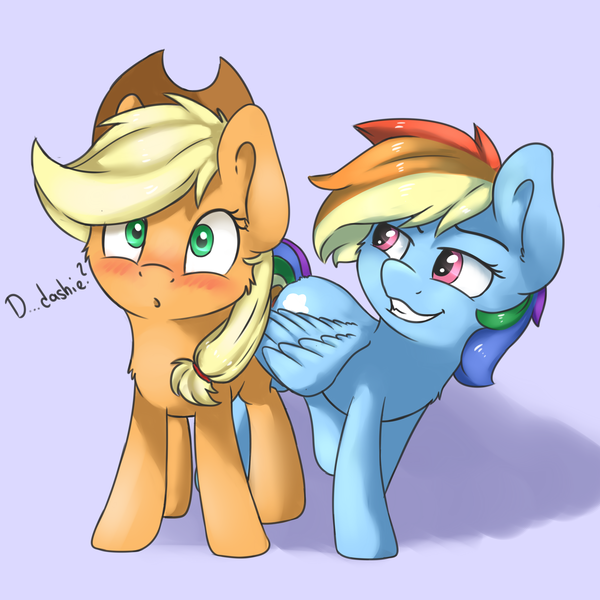 Size: 3200x3200 | Tagged: safe, artist:dbleki, derpibooru import, applejack, rainbow dash, :o, appledash, blushing, butt touch, confused, cute, feathermarking, female, fluffy, fluffyball, gradient background, grin, lesbian, lidded eyes, looking at you, love, never doubt tchernobog's involvement, open mouth, shipping, smiling, wide eyes