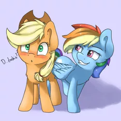 Size: 3200x3200 | Tagged: safe, artist:dbleki, derpibooru import, applejack, rainbow dash, :o, appledash, blushing, butt touch, confused, cute, feathermarking, female, fluffy, fluffyball, gradient background, grin, lesbian, lidded eyes, looking at you, love, never doubt tchernobog's involvement, open mouth, shipping, smiling, wide eyes