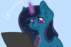 Size: 750x500 | Tagged: animated, artist:mondlichtkatze, computer, derpibooru import, gif, glowing horn, magic, oc, safe, solo, streaming, telekinesis, unofficial characters only