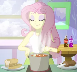 Size: 2463x2296 | Tagged: safe, artist:sumin6301, derpibooru import, fluttershy, equestria girls, bread, clothes, cooking, cute, eyes closed, food, kitchen, meat, shyabetes, skirt, smiling, soda, solo, stew, sunlight, tanktop