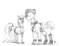 Size: 1400x1082 | Tagged: suggestive, artist:baron engel, derpibooru import, big macintosh, cheerilee, earth pony, pony, boots, campaign hat, cheerimac, clothes, crossover, dress, dudley do-right, grayscale, hat, male, monochrome, mountie, nudity, pencil drawing, sheath, shipping, simple background, sketch, stallion, straight, traditional art, uniform, white background