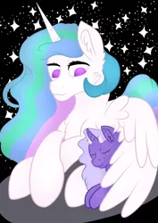 Size: 1024x1448 | Tagged: artist:bewarethemusicman, crossed hooves, derpibooru import, eyes closed, hug, lidded eyes, looking down, next generation, oc, oc:selene, offspring, parent:princess luna, princess celestia, safe, smiling, sparkles, spread wings, winghug