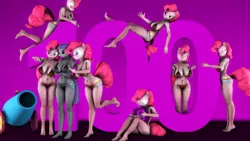 Size: 1280x720 | Tagged: suggestive, artist:gorilka, derpibooru import, maud pie, pinkie pie, anthro, plantigrade anthro, too many pinkie pies, 100, 3d, barefoot, belly button, big breasts, bikini, breasts, busty maud pie, busty pinkie pie, cleavage, climbing, clothes, eyes closed, feet, female, looking at you, midriff, milestone, party cannon, pinkie clone, selfie, sideboob, source filmmaker, swimsuit, tongue out