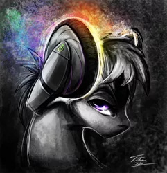 Size: 540x560 | Tagged: artist:tsitra360, derpibooru import, headphones, monochrome, my little art challenge, neo noir, oc, partial color, safe, solo, unofficial characters only