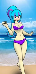 Size: 4000x8192 | Tagged: suggestive, artist:joestart, artist:orochivanus, color edit, derpibooru import, edit, sonata dusk, equestria girls, absurd resolution, beach, bikini, bikini bottom, bikini top, blushing, bra, breasts, busty sonata dusk, clothes, colored, erect nipples, female, human coloration, nipple outline, ocean, panties, ponytail, solo, solo female, swimsuit, underwear