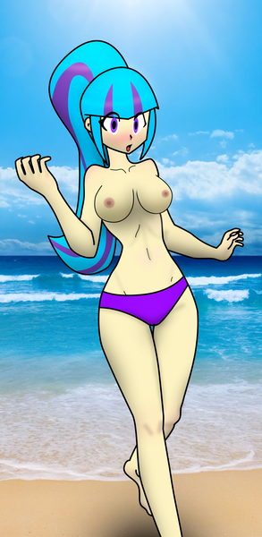 Size: 4000x8192 | Tagged: questionable, artist:joestart, artist:orochivanus, color edit, derpibooru import, edit, sonata dusk, equestria girls, absurd resolution, anti-gravity boobs, areola, beach, bikini, bikini bottom, blushing, bra, breasts, busty sonata dusk, clothes, colored, female, human coloration, nipples, nudity, ocean, panties, partial nudity, ponytail, solo, solo female, swimsuit, topless, underwear