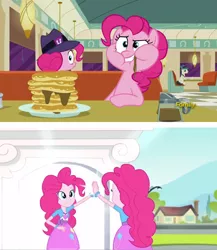 Size: 1592x1836 | Tagged: safe, derpibooru import, screencap, lucky breaks, pinkie pie, the clone that got away, equestria girls, friendship games, the saddle row review, blooper, bracelet, canterlot high, clone, clothes, coffee pot, diner, food, friendship games bloopers, hat, human paradox, jewelry, outtakes, pancakes, paradox, pinkie clone, restaurant, self ponidox, skirt, subversion, this explains everything