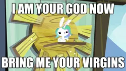 Size: 1120x630 | Tagged: angel bunny, angelestia, bring me your virgins, derpibooru import, edit, edited screencap, i am your god now bring me your virgins, safe, screencap, solo, testing testing 1-2-3