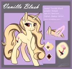 Size: 1062x1025 | Tagged: safe, artist:doekitty, derpibooru import, oc, oc:vanilla blush, unofficial characters only, pony, unicorn, female, magic, mare, misspelling, reference sheet, solo