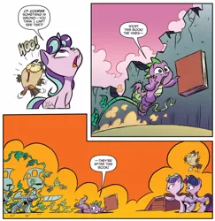 Size: 994x1022 | Tagged: safe, artist:jay fosgitt, derpibooru import, idw, owlowiscious, spike, starlight glimmer, twilight sparkle, twilight sparkle (alicorn), alicorn, dragon, owl, pony, unicorn, spoiler:comic, spoiler:comicff35, armor, book, comic, female, flying, frown, hoof hold, hoot, looking up, male, mare, official comic, open mouth, pointing, raised hoof, sitting, spear, squirm-spore, vine, weapon, wide eyes, wrong cutie mark