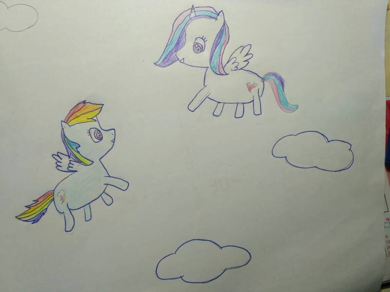 Size: 1040x780 | Tagged: safe, artist:sumi-mlp25, derpibooru import, rainbow dash, oc, oc:strawberry breeze, cloud, traditional art