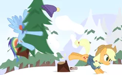 Size: 1170x720 | Tagged: applejack, artist:dm29, bucking, christmas tree, derpibooru import, duo, pine tree, rainbow dash, safe, snow, tree, wintertime