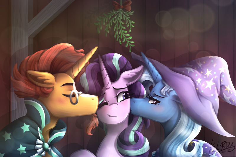 Size: 2400x1597 | Tagged: safe, artist:kikirdcz, derpibooru import, starlight glimmer, sunburst, trixie, pony, unicorn, bisexual, blushing, bow, female, kiss on the cheek, kiss sandwich, kissing, lesbian, male, mare, mistletoe, ot3, polyamory, shipping, starburst, startrix, startrixburst, straight, sunburst's robe, trixie's cape, trixie's hat