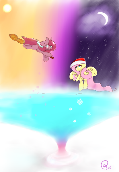 Size: 3219x4654 | Tagged: safe, artist:berrity, derpibooru import, fluttershy, pinkie pie, absurd resolution, broom, duo, flying, flying broomstick, hat, image, pinkamena diane pie, png, santa hat