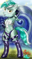 Size: 422x768 | Tagged: suggestive, artist:astar, derpibooru import, lyra heartstrings, semi-anthro, unicorn, arm behind head, armpits, bedroom eyes, belly button, bipedal, black lipstick, choker, clothes, crossover, ear piercing, evening gloves, female, gloves, image, jpeg, latex, latex gloves, latex panties, latex stockings, lipstick, long gloves, looking at you, mare, marvel comics, panties, piercing, smiling, solo, solo female, stockings, underwear, venom