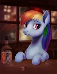 Size: 1144x1481 | Tagged: alcohol, artist:cattle32, bar, bottle, derpibooru import, rainbow dash, safe, signature, solo, whiskey, window