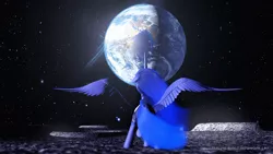 Size: 2560x1440 | Tagged: 3d, artist:thelunagames, cinema 4d, derpibooru import, earth, moon, planet, plot, princess luna, safe, sai, solo, spread wings, stars