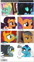 Size: 660x1210 | Tagged: safe, derpibooru import, gabby, princess ember, quibble pants, saffron masala, sunburst, tender taps, thorax, zephyr breeze, changeling, gryphon, flutter brutter, gauntlet of fire, spice up your life, stranger than fan fiction, poll