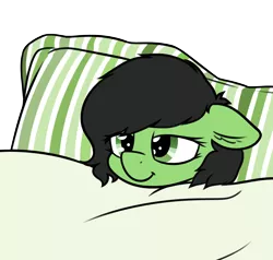 Size: 1684x1605 | Tagged: safe, artist:smoldix, derpibooru import, oc, oc:anonfilly, unofficial characters only, earth pony, pony, :t, adoranon, bed, comfy, cute, female, filly, floppy ears, lidded eyes, pillow, simple background, smiling, solo, transparent background