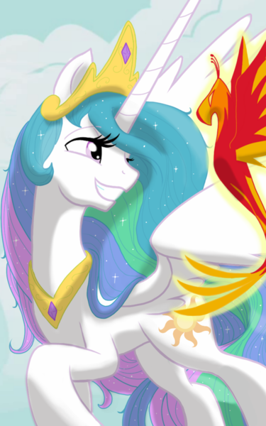 Size: 1200x1920 | Tagged: safe, artist:theroyalprincesses, derpibooru import, philomena, princess celestia, phoenix, crown, cute, cutelestia, duo, grin, jewelry, lidded eyes, pet, raised hoof, regal, regalia, smiling, spread wings