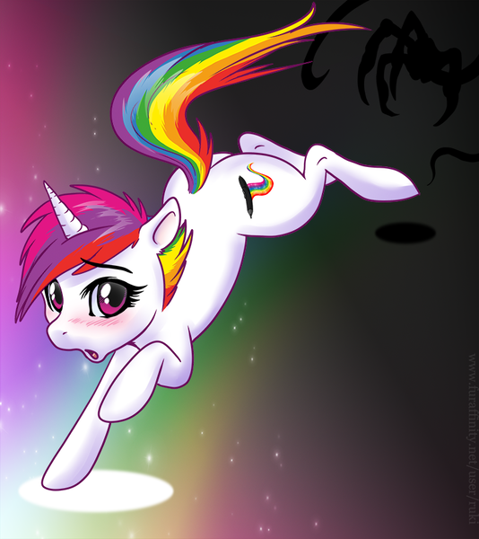 Size: 772x868 | Tagged: safe, artist:rukifox, derpibooru import, oc, oc:digipen, unofficial characters only, pony, unicorn, blushing, explicit source, eyelashes, looking at you, open mouth, rainbow hair, running away, scared, solo