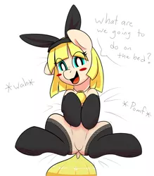 Size: 1615x1845 | Tagged: anime eyes, artist:rileyisherehide, bed, blushing, blush sticker, bunny ears, clothes, derpibooru import, dialogue, dock, featureless crotch, female, locket, looking at you, oc, oc:unlucky usagi, on back, open mouth, pomf, simple background, smiling, socks, solo, solo female, spreading, spread legs, suggestive, unofficial characters only, wah, what are we gonna do on the bed?, white background, young