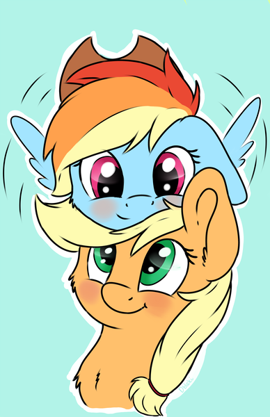 Size: 1650x2550 | Tagged: safe, artist:dbleki, derpibooru import, applejack, rainbow dash, :t, accessory swap, appledash, blushing, bust, chest fluff, cute, dashabetes, female, flapping, floppy ears, fluffy, fluffyball, happy, jackabetes, lesbian, looking at each other, looking down, looking up, love, pony hat, shipping, simple background, smiling, spread wings