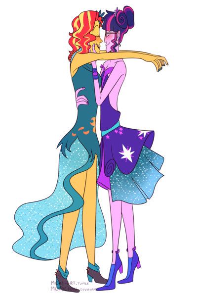 Size: 1280x1916 | Tagged: safe, artist:mokychan, derpibooru import, sci-twi, sunset shimmer, twilight sparkle, equestria girls, legend of everfree, alternate costumes, alternate style, blushing, clothes, crystal gala, dancing, dress, eyes closed, female, imminent kissing, lesbian, nail polish, scitwishimmer, shipping, simple background, sunsetsparkle