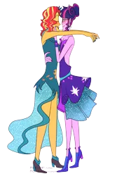 Size: 1280x1916 | Tagged: safe, artist:mokychan, derpibooru import, sci-twi, sunset shimmer, twilight sparkle, equestria girls, legend of everfree, alternate costumes, alternate style, blushing, clothes, crystal gala, dancing, dress, eyes closed, female, imminent kissing, lesbian, nail polish, scitwishimmer, shipping, simple background, sunsetsparkle