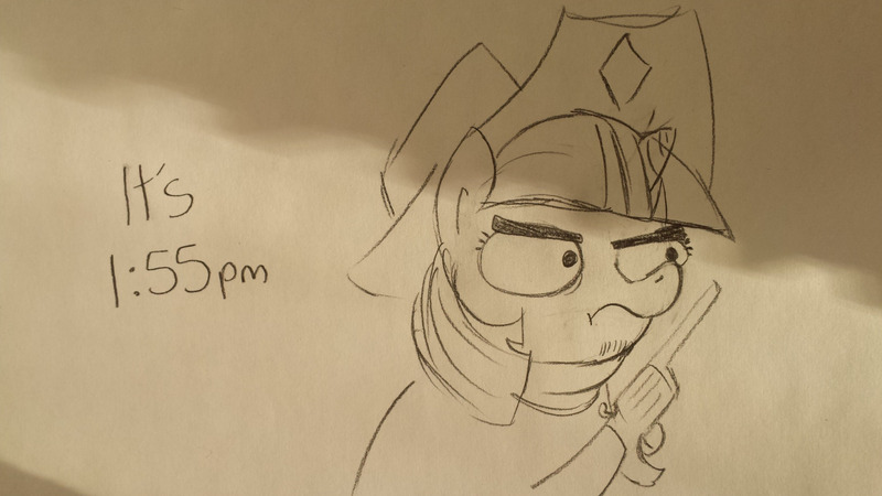 Size: 1280x720 | Tagged: safe, artist:tjpones, derpibooru import, twilight sparkle, pony, unicorn, black and white, cowboy hat, crossover, double chin, female, grayscale, gun, handgun, hat, hoof hold, hooves, horn, jesse mccree, lineart, mare, monochrome, overwatch, revolver, simple background, solo, traditional art, twibitch sparkle, weapon, white background