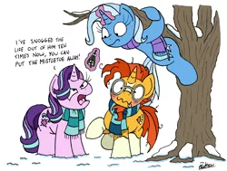 Size: 2111x1595 | Tagged: safe, artist:bobthedalek, derpibooru import, starlight glimmer, sunburst, trixie, pony, unicorn, :p, angry, blushing, climbing, clothes, cute, derp, dialogue, female, frown, glare, glasses, inconvenient trixie, levitation, looking down, looking up, magic, male, mare, messy mane, mistletoe, open mouth, raised hoof, raised leg, scarf, shipper on deck, shipping, simple background, smiling, snow, stallion, starburst, straight, sunbetes, telekinesis, the great and powerful shipper, tongue out, tree, trio, wavy mouth, white background, wide eyes