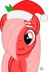Size: 1800x2678 | Tagged: safe, artist:arifproject, derpibooru import, oc, oc:downvote, ponified, unofficial characters only, earth pony, pony, derpibooru, :i, adorable face, arif's christmas pones, arif's scrunchy pone, chest fluff, cute, derpibooru ponified, female, hair accessory, hair over one eye, hat, leaf, looking at you, mare, meta, santa hat, simple background, solo, transparent background, vector