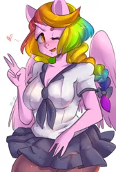 Size: 2373x3541 | Tagged: alicorn, alicorn oc, anthro, artist:yukomaussi, bow, braid, breasts, clothes, cute, derpibooru import, female, hair bow, heart, oc, oc:arta, one eye closed, open mouth, peace sign, rainbow hair, safe, school uniform, shirt, skirt, solo, unofficial characters only, wink